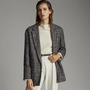Massimo Dutti Black & White Tweed Boucle Blazer Jacket Coat Size 4 (US)